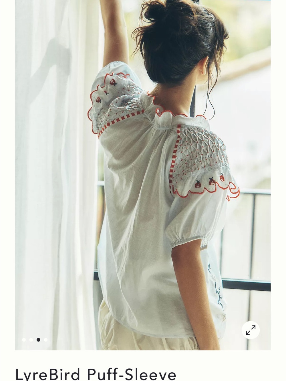 Anthropologie White Puff-Sleeve Embroidered Blouse with Red Trim - Picture 4 of 4
